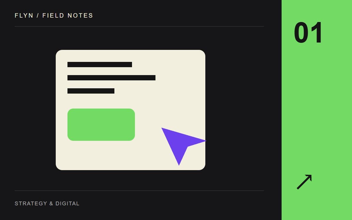 Editorial illustration of a landing page, a message card and an enquiry button.