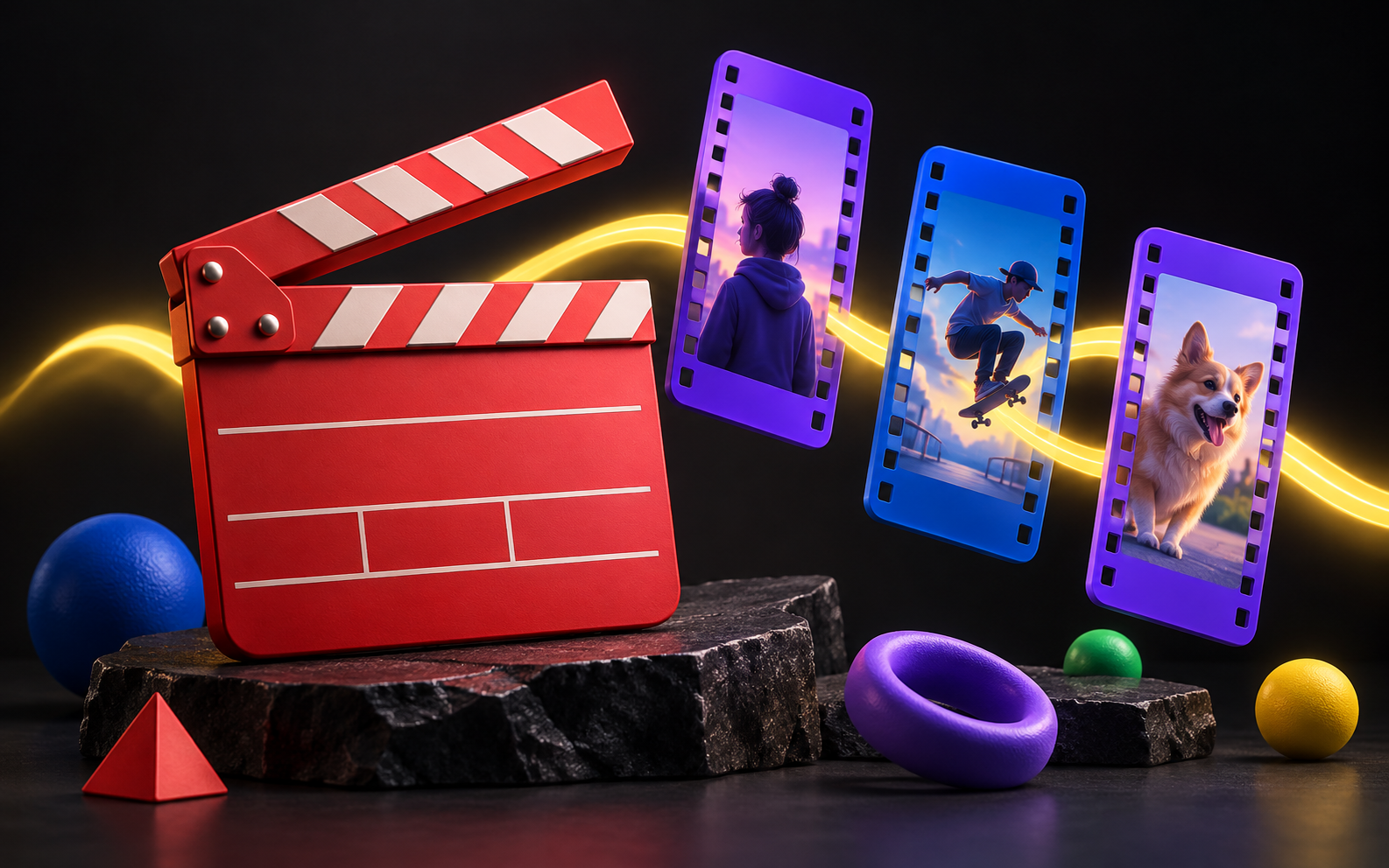 Red clapperboard and three colourful vertical film frames in a dark studio.