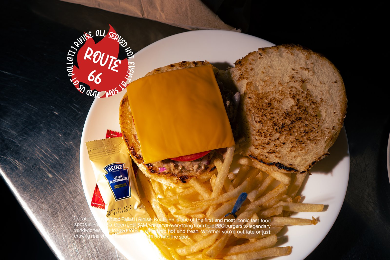 Overhead photograph of quesadillas and accompaniments for Route66.